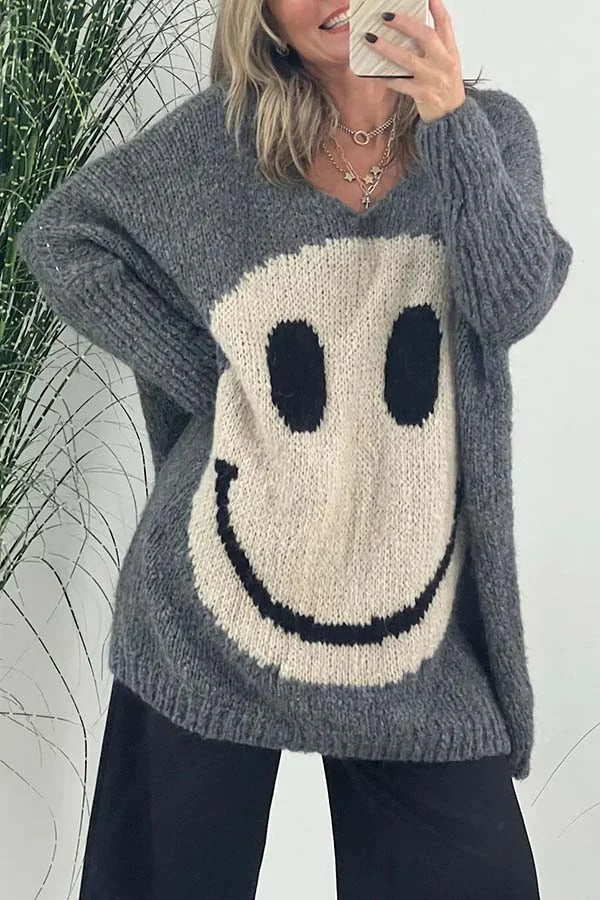 Stickade smiley-ansikten oversize-tröjor för kvinnor