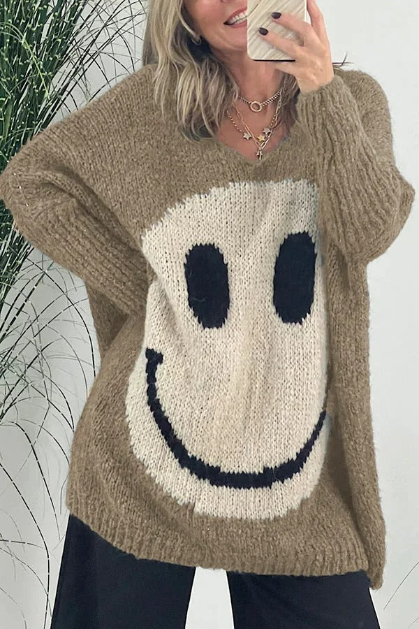 Stickade smiley-ansikten oversize-tröjor för kvinnor