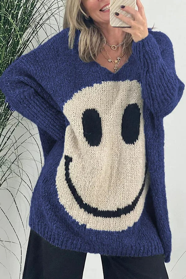 Stickade smiley-ansikten oversize-tröjor för kvinnor