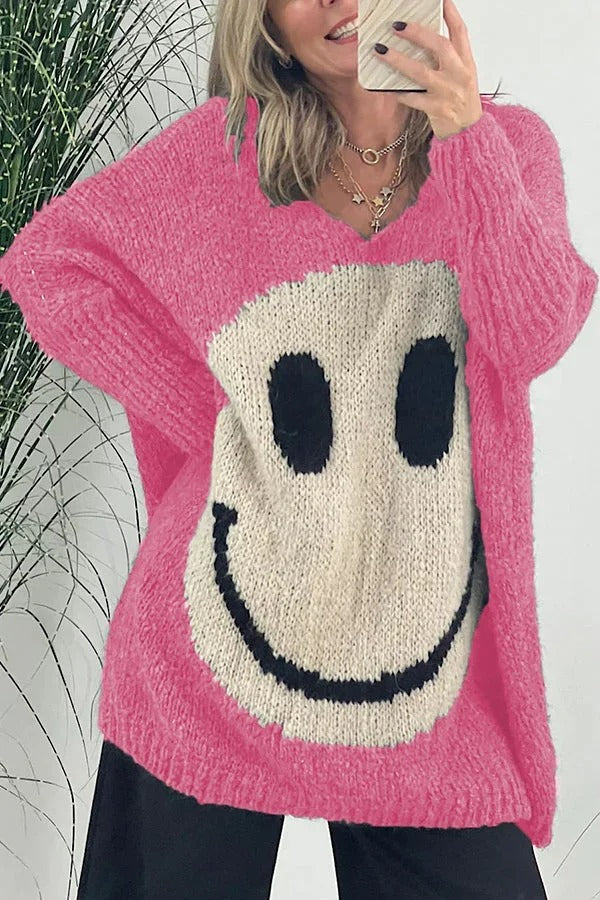 Stickade smiley-ansikten oversize-tröjor för kvinnor